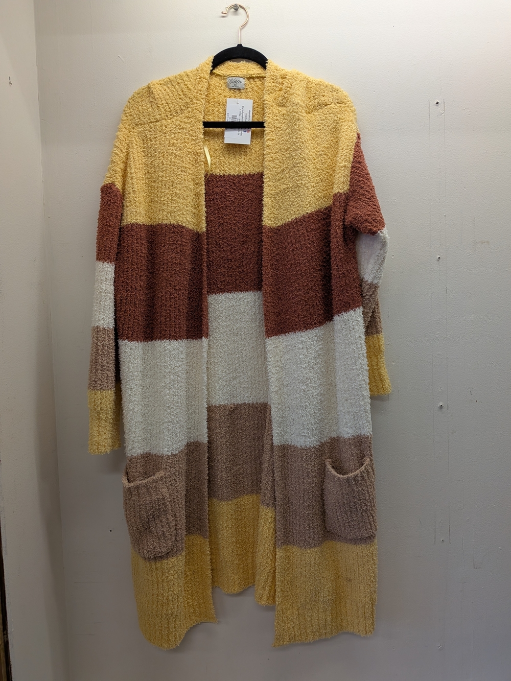 Cozy Colorblock Open-Front Long Cardigan Sweater - Yellow, Brown, Cream